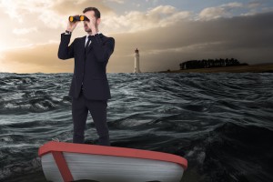 Composite image of businessman in boat with binoculars